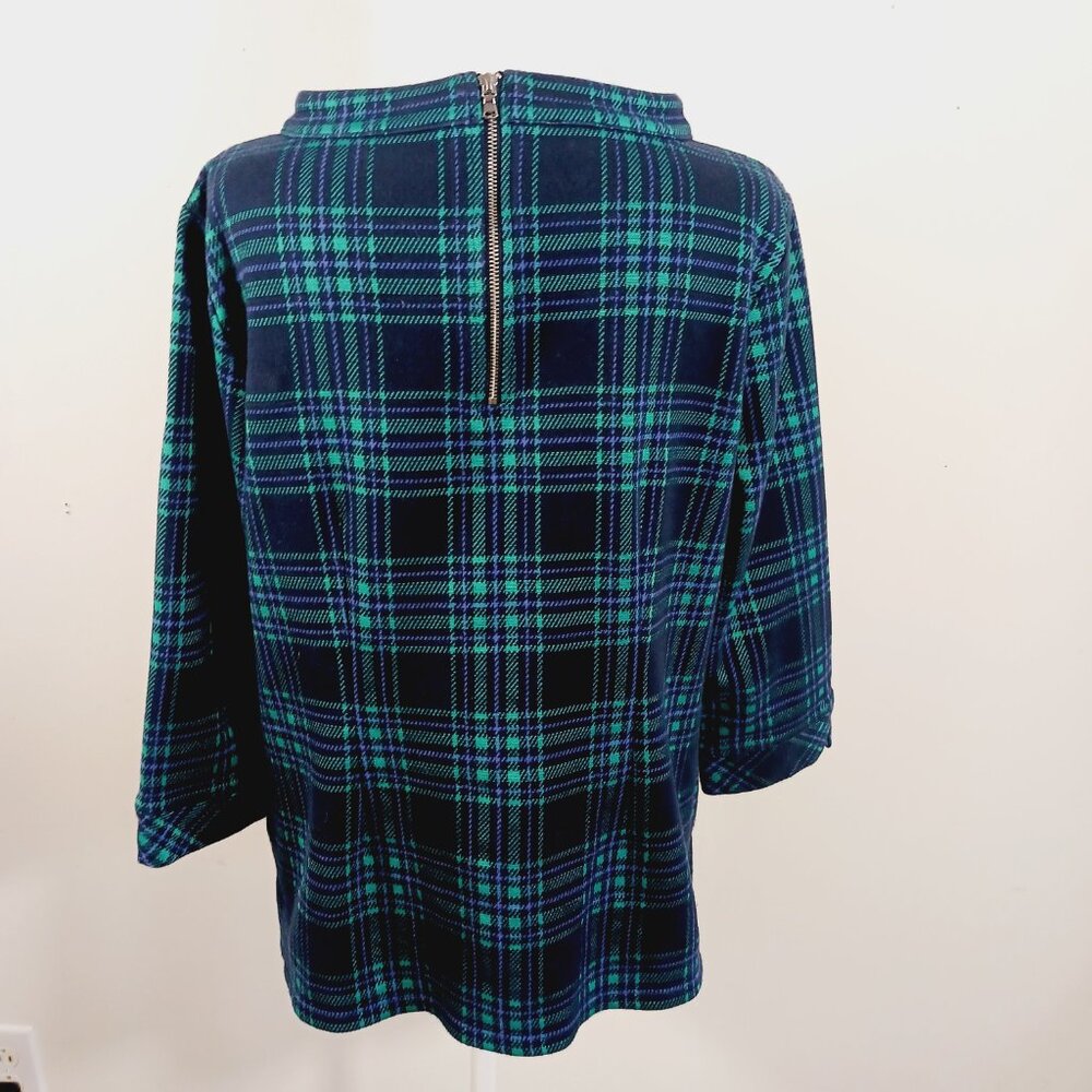 Talbots SZ XLp Green & Navy Blue Black Watch Plaid Top, Boat Neck, 3/4 Sleeves, - Picture 5 of 16